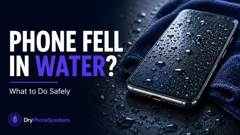 Smartphone covered in water droplets on a navy surface with headline “Phone Fell in Water? – What to Do Safely