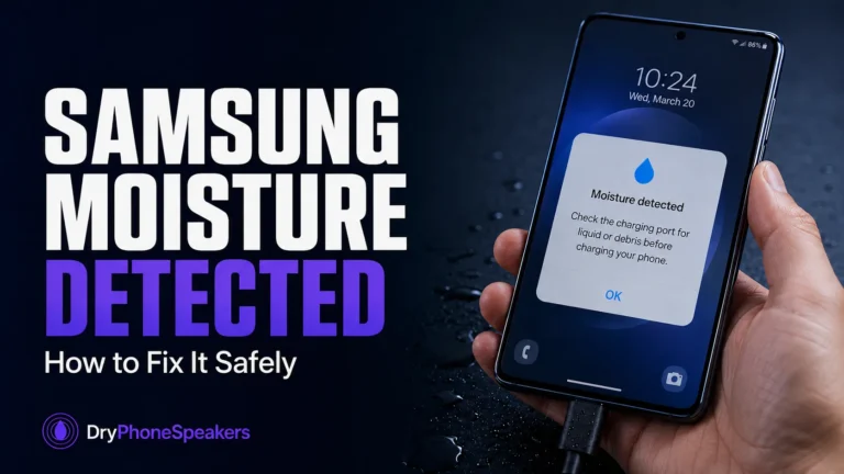 Samsung Galaxy phone showing a moisture detected warning while connected to a USB-C charging cable.