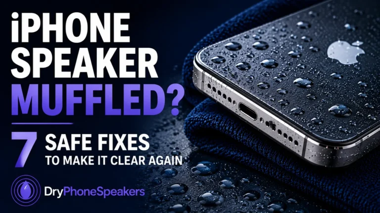 Wet iPhone speaker being inspected with headline “iPhone Speaker Muffled? 7 Safe Fixes