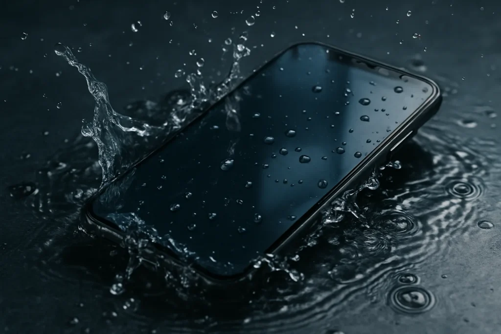 Smartphone falling into water showing realistic water splash and phone damage risk