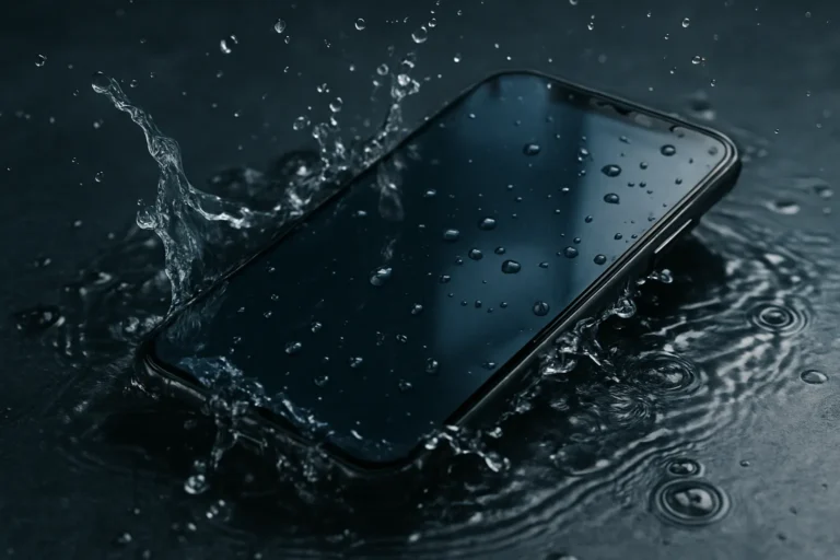 Smartphone falling into water showing realistic water splash and phone damage risk