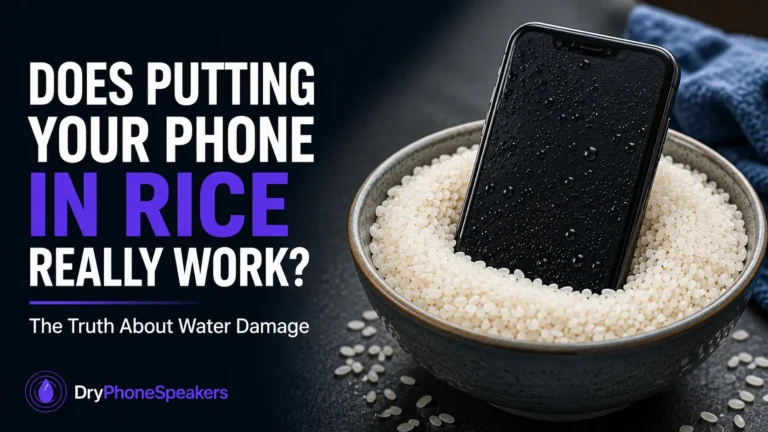 Water-damaged smartphone placed in a bowl of rice, illustrating why rice does not repair a wet phone.