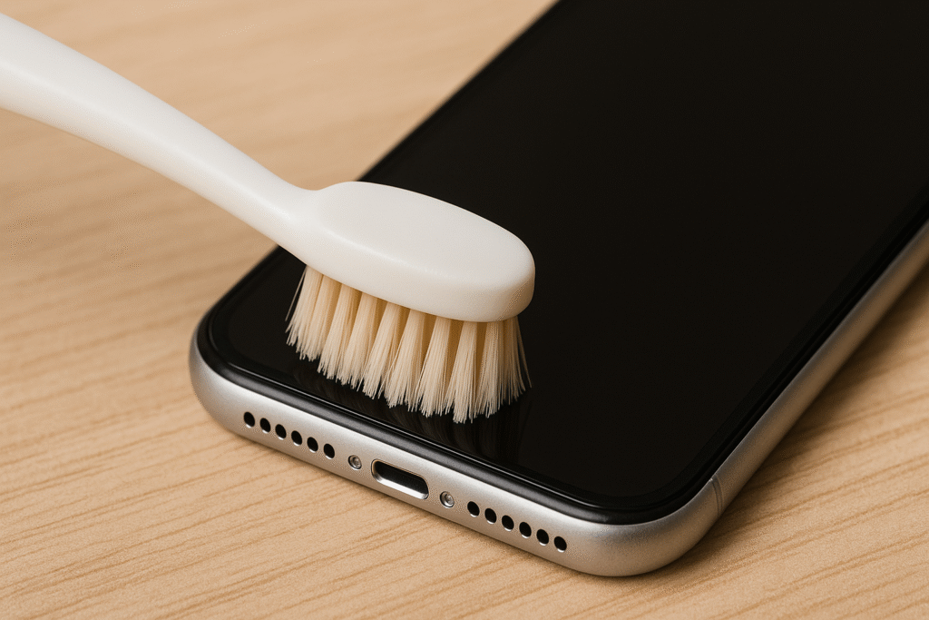 A clear, well-lit photo showing a soft toothbrush gently brushing the speaker grill of a smartphone