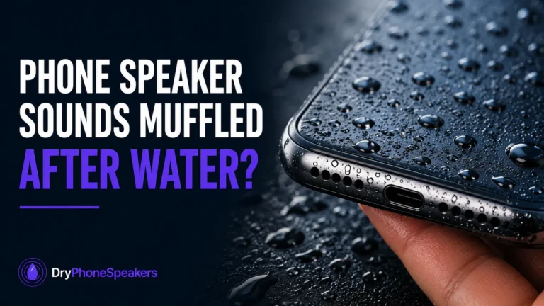 Wet smartphone with water droplets around the speaker grille illustrating a phone speaker that sounds muffled after water exposure.