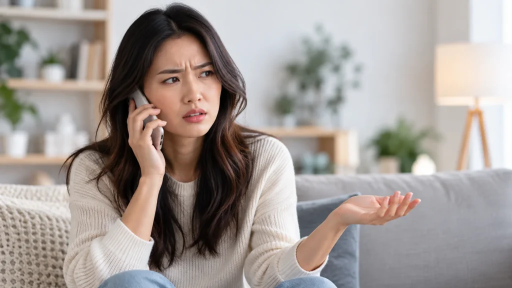 Asian woman sitting on a sofa and looking confused while holding a smartphone to her ear during a phone call