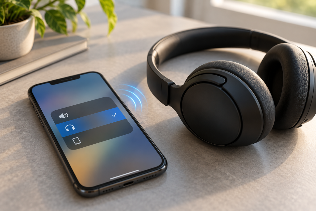 Black wireless headphones beside a smartphone showing a selected Bluetooth audio output