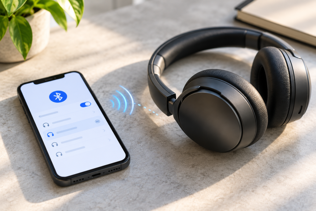 Black wireless headphones beside a smartphone displaying Bluetooth connection settings on a light stone desk