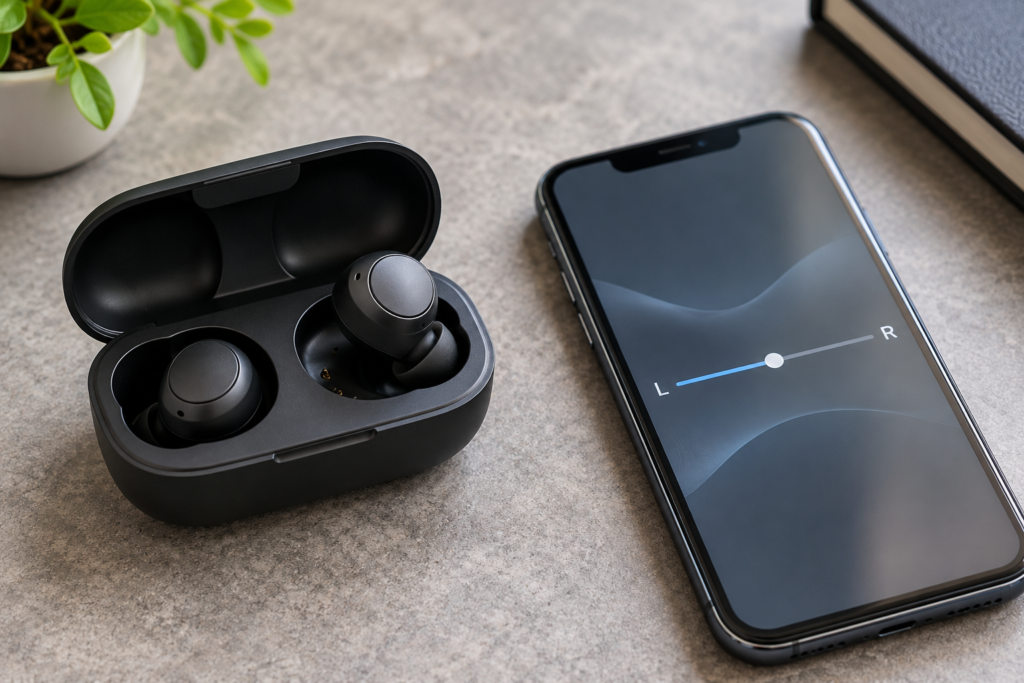 Black wireless earbuds in their charging case beside a phone showing centered left-right audio balance