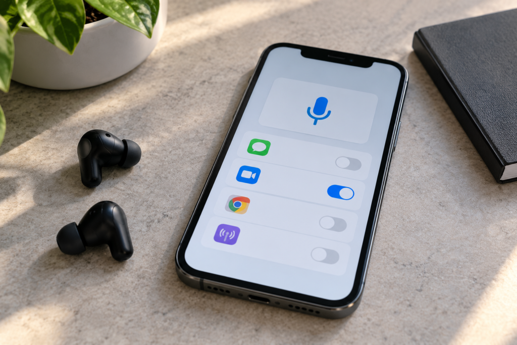 Smartphone microphone permission settings on a desk beside wireless earbuds, illustrating app microphone access troubleshooting
