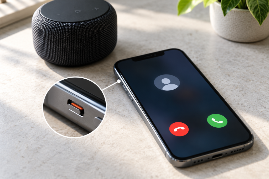 Smartphone displaying an incoming call with an inset showing its Ring Silent switch, illustrating why music can play while calls stay silent