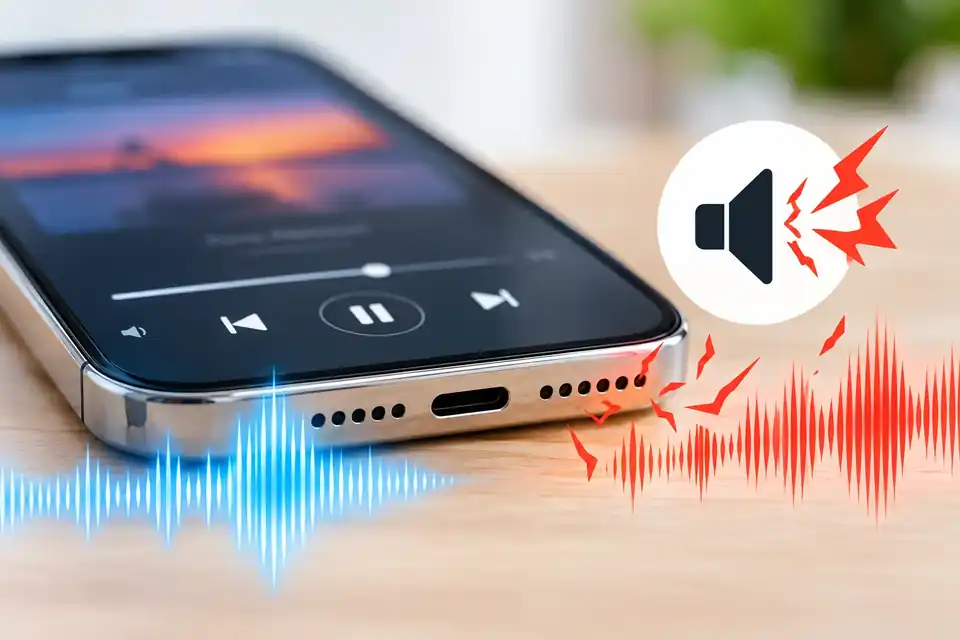 Smartphone speaker grille with blue sound waves and red crackling audio distortion