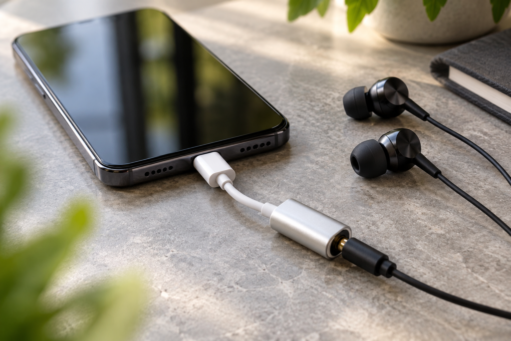 Unbranded smartphone connected through a USB-C to 3.5 mm audio adapter to black wired earbuds on a neutral tabletop